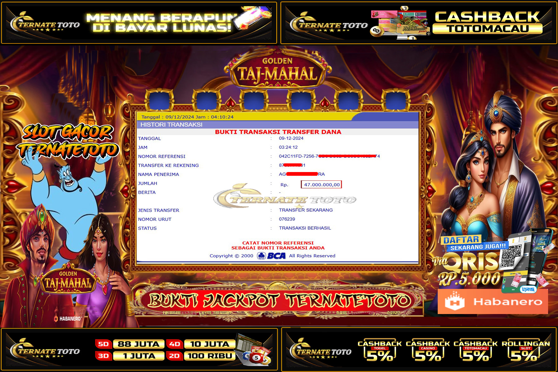 TERNATETOTO - JACKPOT SLOT GOLDEN  TAJ-MAHAL Rp. 47,000,000,-